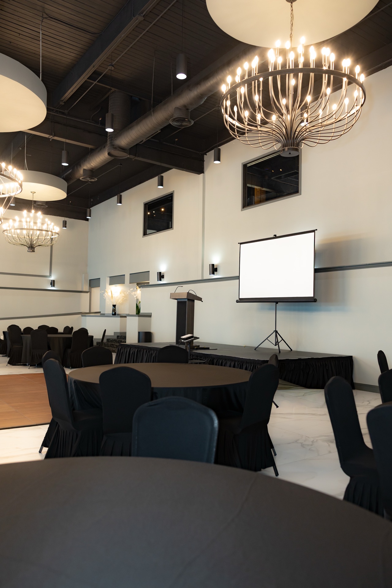 Stage, lectern, and projection screen