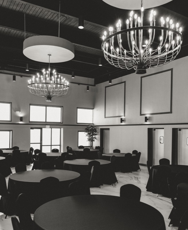 Podium and chandeliers